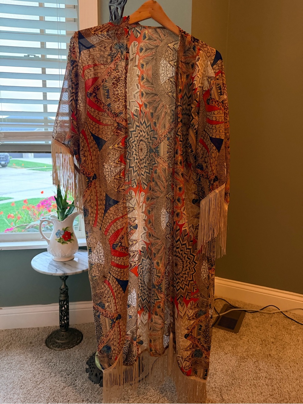 GT-0045 | Long Boho Printed Fringe Kimono Duster Open Front